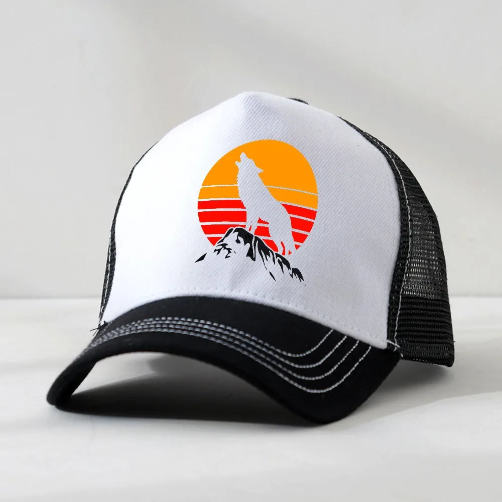 Four Seasons Trucker Cap Men Women Snapback Hip Hop Baseball Cap Sunset Wolf Adjustable Visor Hat Mesh Breathable Hats