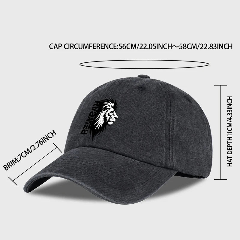 Lion Head RAWR Slogan Printed Washed Baseball Cap Soft Comfortable Lightweight Breathable Adjustable Bold Retro Powerful