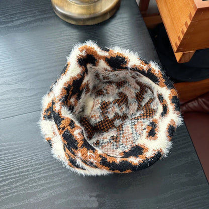 Winter Fur Leopard Print Beanie Hat Women's Outdoor