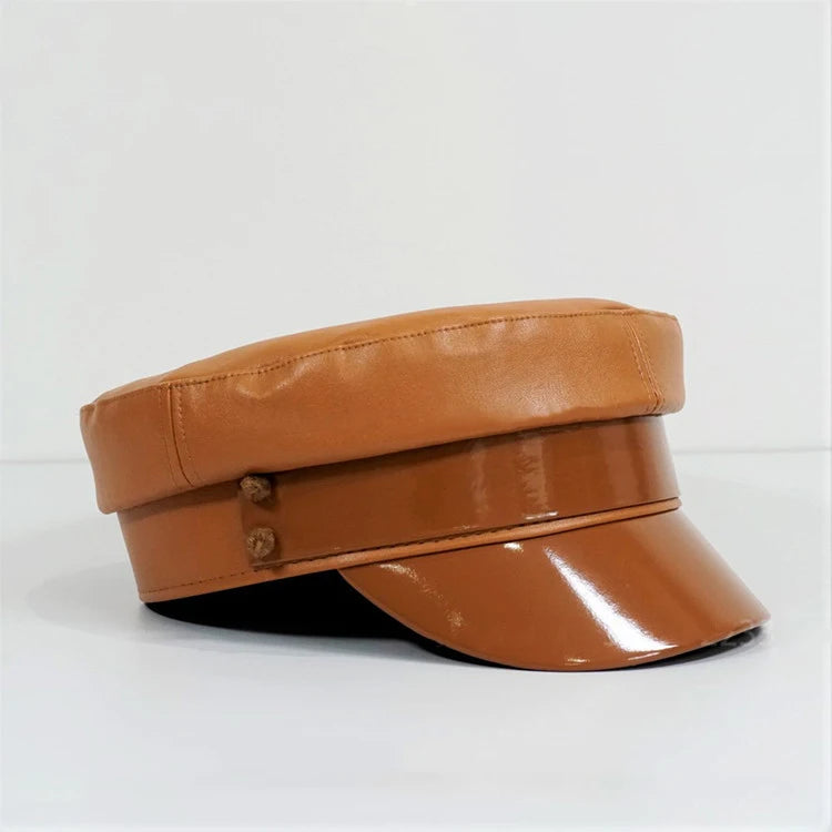 PU Leather Newsboy Caps Flat Top Navy Cap