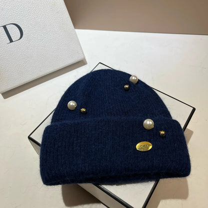 Designer Pearls Brooch Knitted Hat Women Luxury