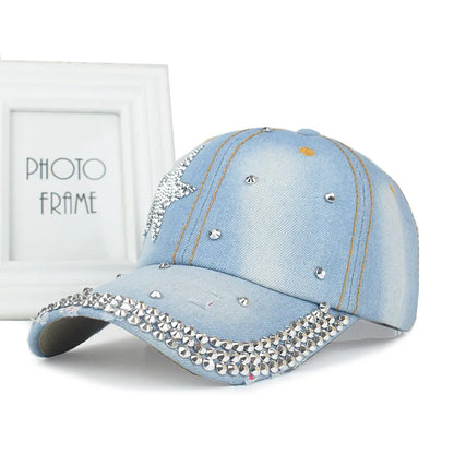 New Women Washed Denim Rhinestone Crown Baseball Cap