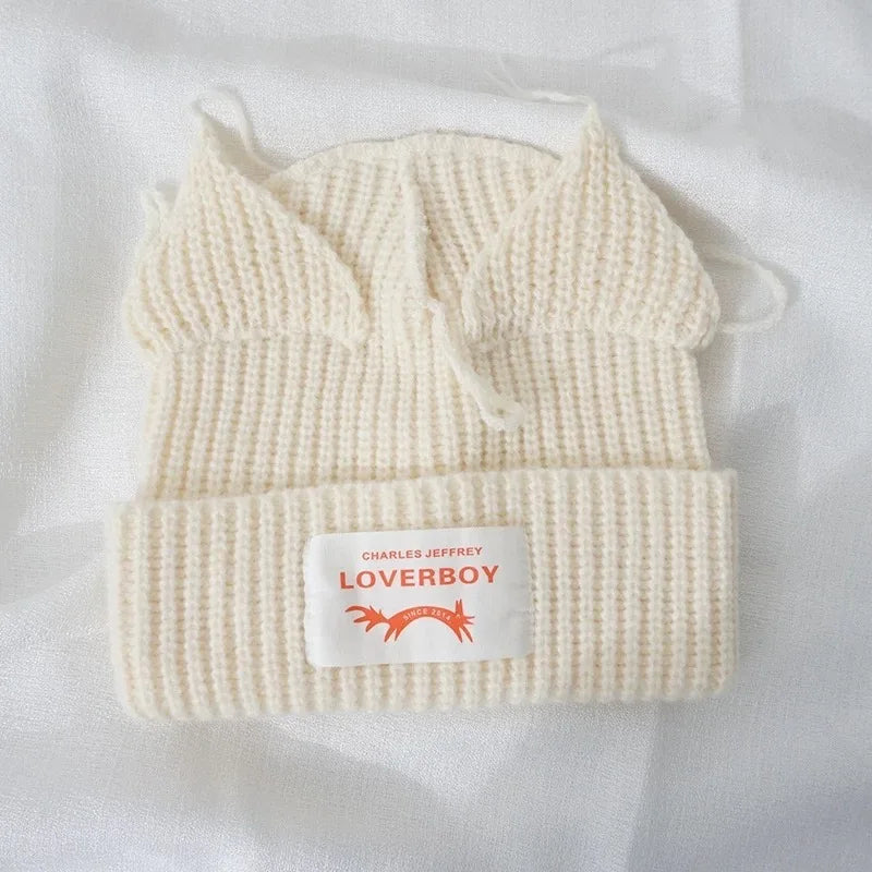 Winter Skullies Hat Unisex Cat Ear Hat Warm Crochet Knitted Hat