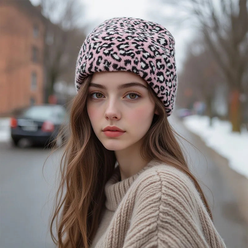 1 Leopard Print Plush Beret Autumn/Winter Fashionable Retro