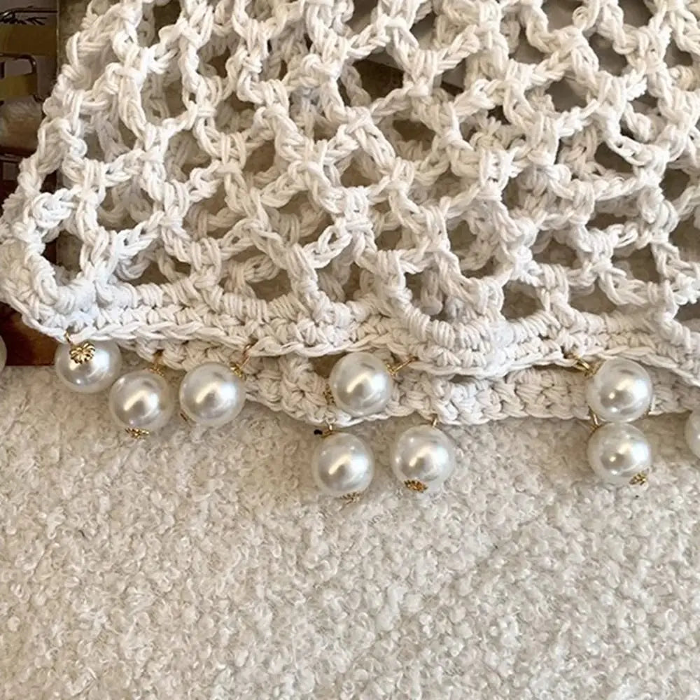 Fashion Round Beads Knitted Hat Crochet Pearl Fringed Woven For Women