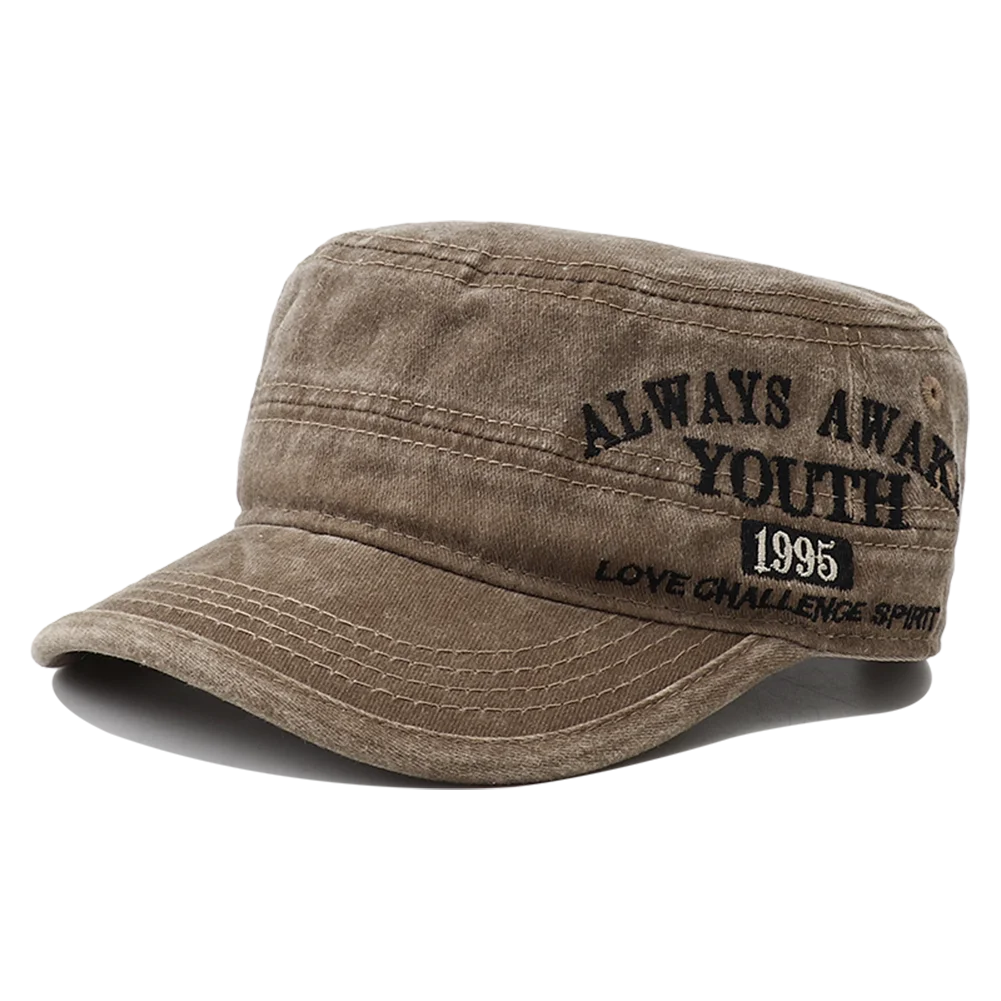 2024 New Letter Embroidery Washed Cotton Flat Top Military Cap