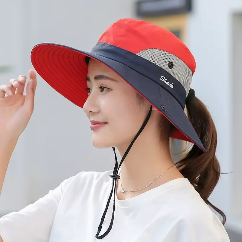 Women's Dual-Tone Sun Hat with Ponytail Hole for Spring, Summer