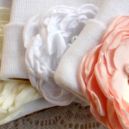 0-6 Months Newborn Knit Baby White Hat Baby Girl Knitted Bonnet Satin Diamond Flower Hat