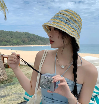 Ladies' Bucket Hat Korean Knitted Striped Verstaile Hollow