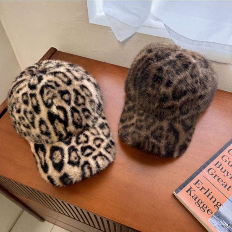 Faux Fur Leopard Print Baseball Cap Women Autumn Winter Warm Hat