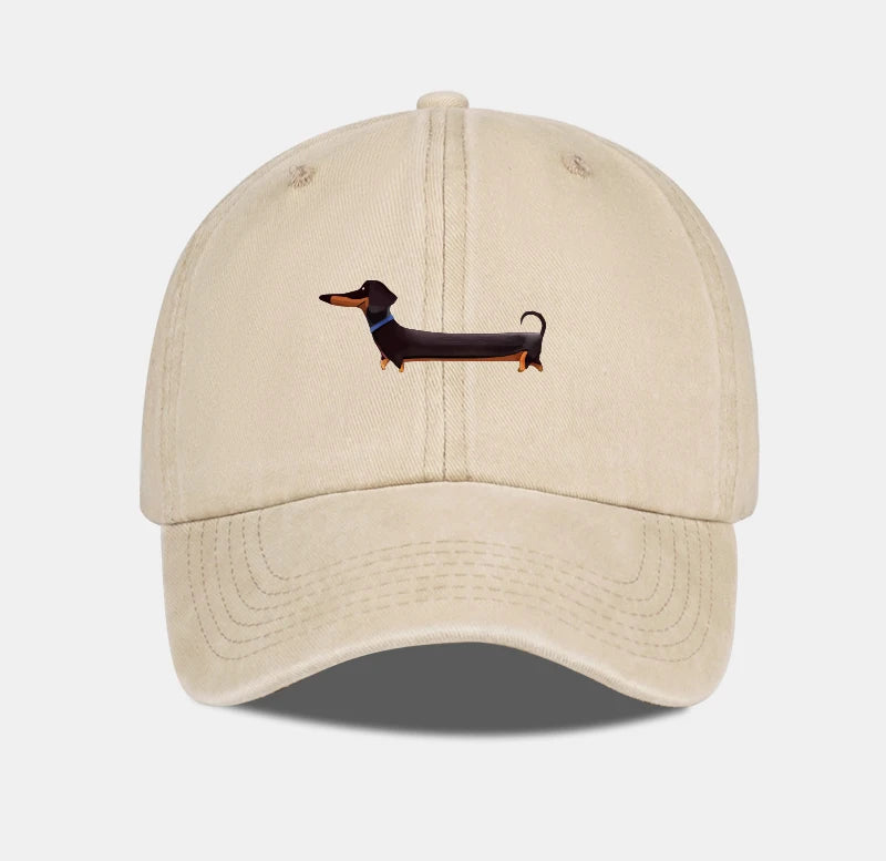 Dachshund Print Washed Baseball Cap Adorable Retro Dog Themed Style Perfect For Outdoor Walks
