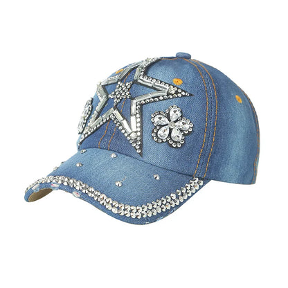 Denim Fashion Cap, Point Diamond Star Baseball Cap
