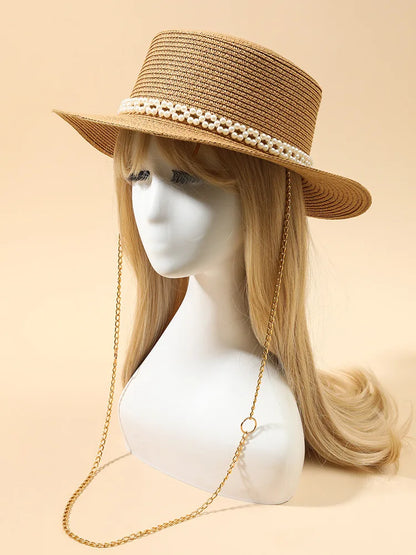 Chic Pearl Flat Top Straw Hat - Women's Summer Black Fashion Sun Hat