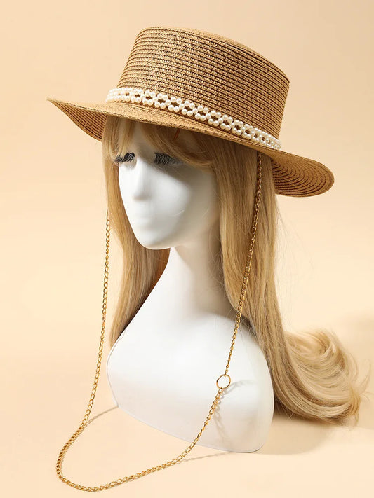Chic Pearl Flat Top Straw Hat - Women's Summer Black Fashion Sun Hat