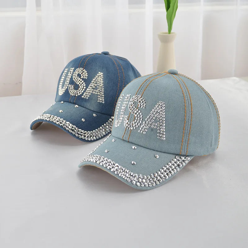 Baseball Cap Women Rhinestone Denim Cloth Sunshade Snapback Hats