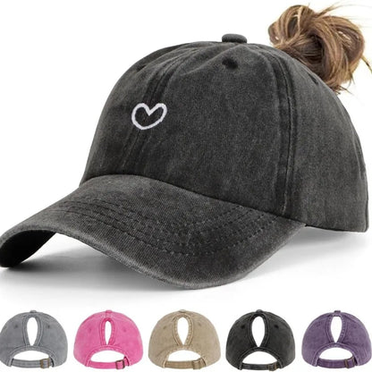 Retro Washed Little Heart Embroidered Ponytail Baseball Cap