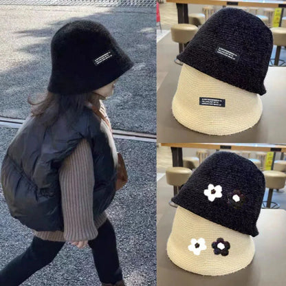 Kids Plush Knit Bucket Hat Autumn Winter Windproof Fisherman Cap