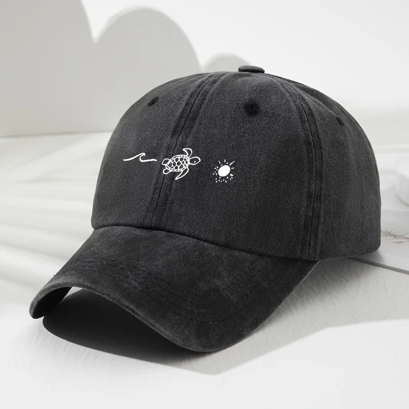 Wave Turtle Sun Printed Baseball Cap, Retro Style For Men And Women