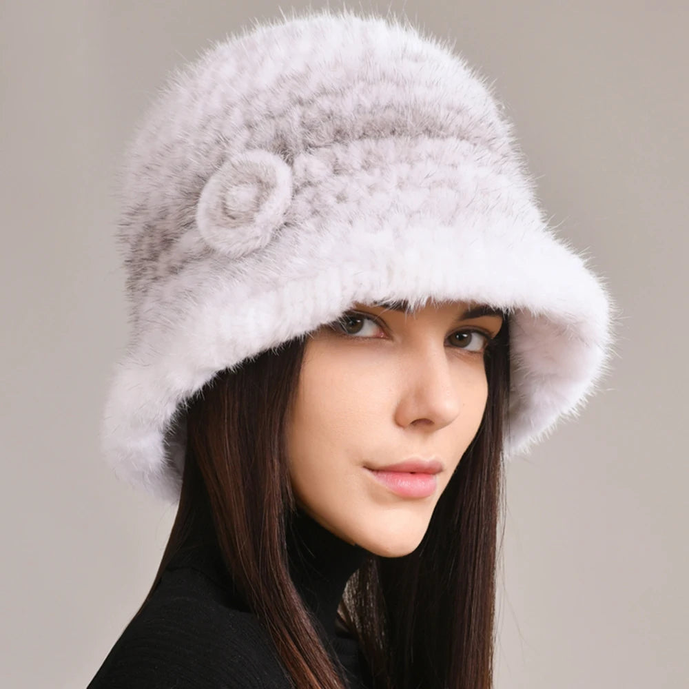 Woman Hat Winter Solid Mink Caps With Flower Natural Mink Fur Hats