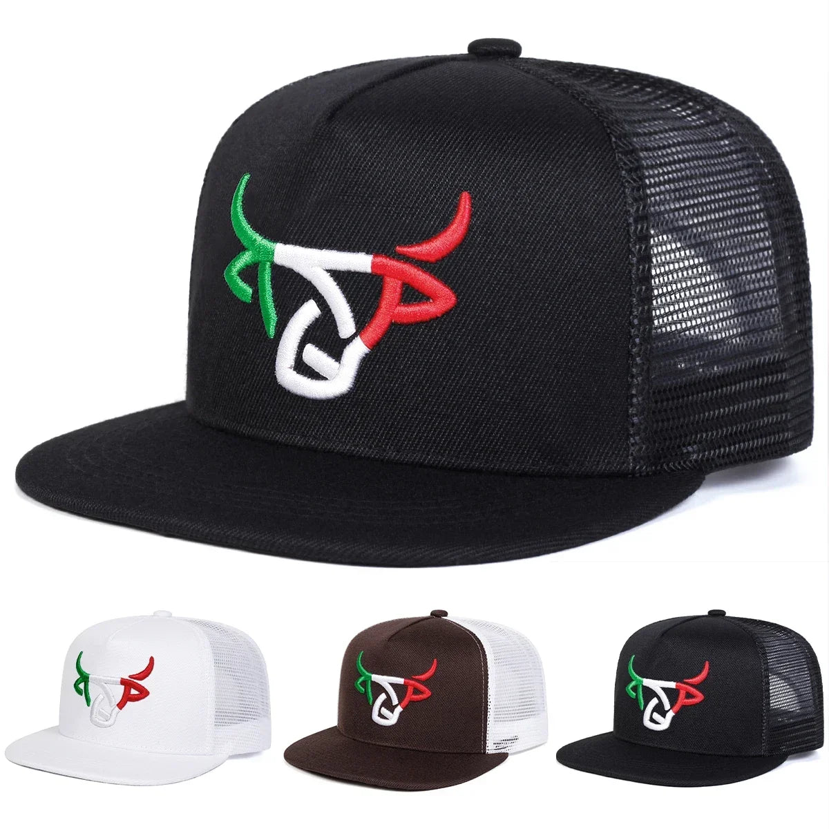 Unisex Ox Head Embroidery Hip-hop Net Hats Spring and Summer