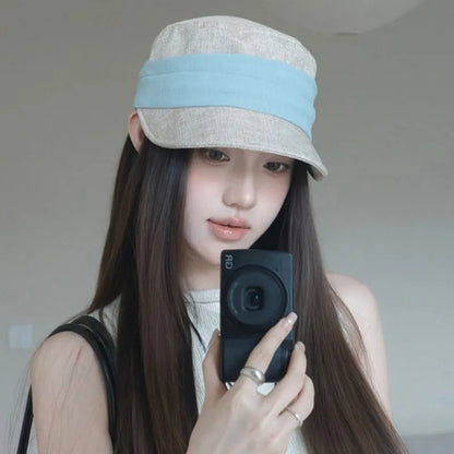 Retro Pleated Imitation Linen Flat Top Equestrian Hat Women's