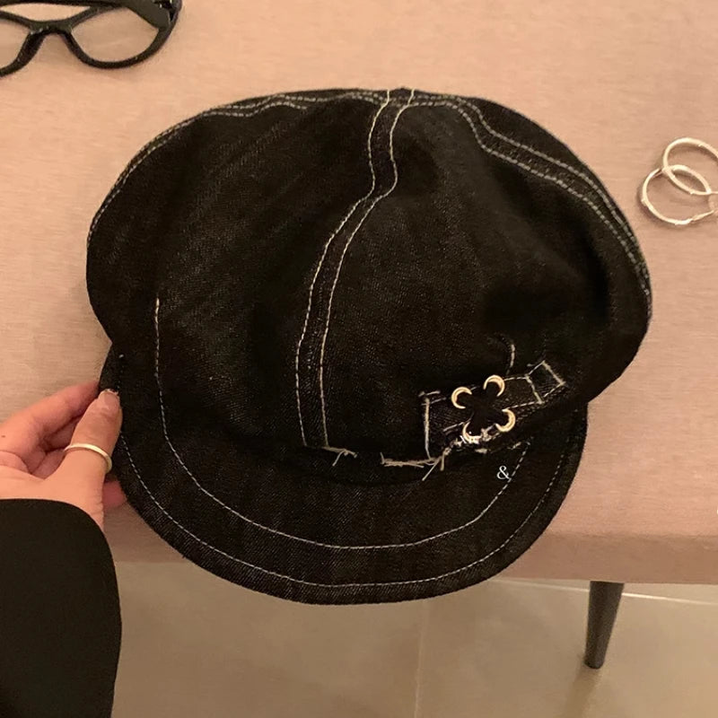 Y2k Personalized Hole Design Denim Newsboy Hats For Women And Men Spring Summer