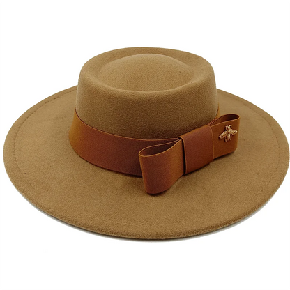 Bow Tie Fedora Hat Winter Round Bumpy Surface Flat Top