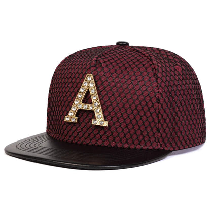 Unisex Metal Strip Drill A Letter Label Mesh Hip Hop Hat