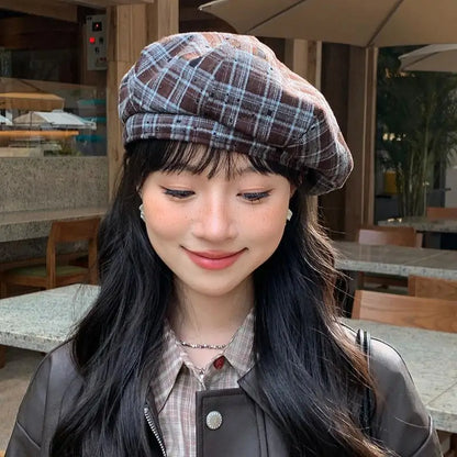 Hot Sale Retro Contrasting Color Plaid Berets For Women