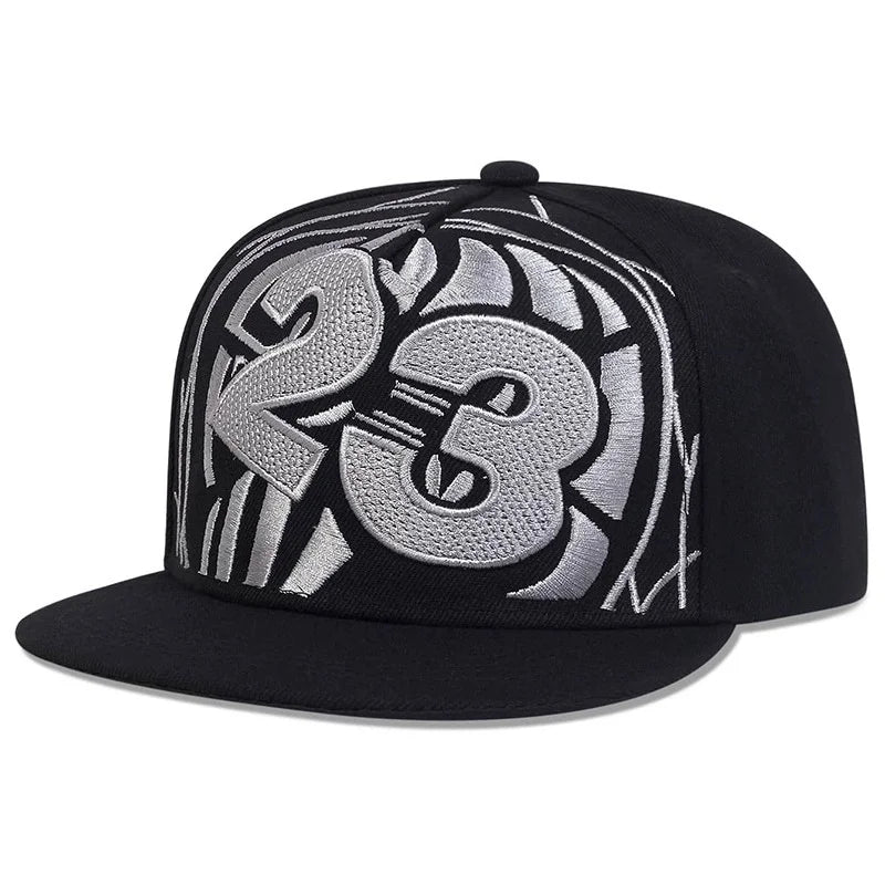 Streetwear 23 Digit Embroidery Flat Brim Snapback Cap Unisex Adjustable Hip Hop Baseball Hat