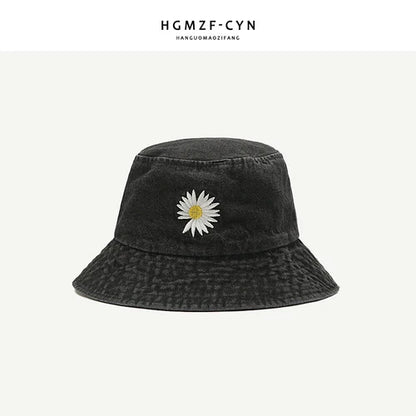 Korean Daisy Embroidery Bucket Hat Women Men