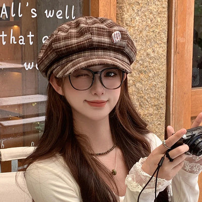 Women College Style Plaid Beret Korean Versatile Face Small Bud Painter Hat
