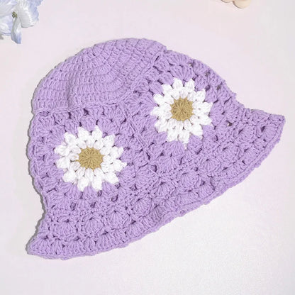 Women Muticolor Crochet Korean Handmade Bucket Hat Women Weaving Knitted Hat Y2k Fashion Flowers Autumn Cap
