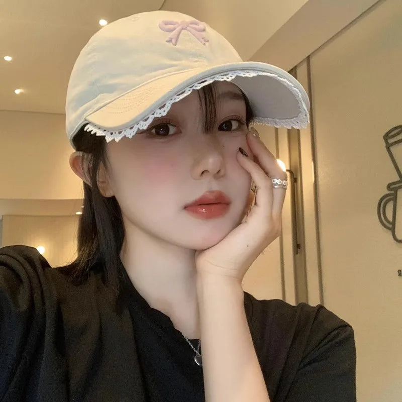 Korean-Style Bow-Tie Knit Baseball Cap Women's