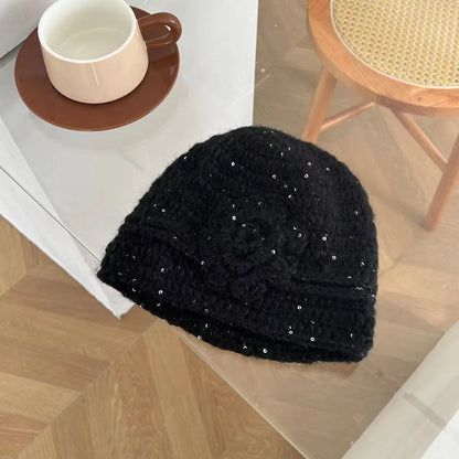 New Handmade Crochet Winter Beanies Hat For Women Solid Flower Sequin Skull Cap