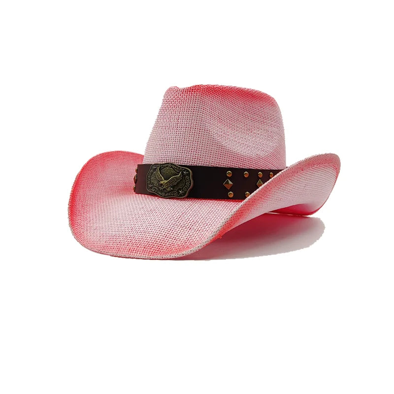 Western Thick Cowboy Hat Retro Pink Gradient Straw Hat