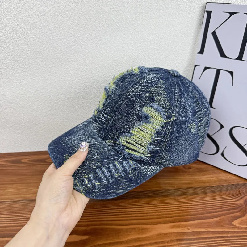 Soft Top Distressed Baseball Cap with Holes, Unisex Washed Vintage Sun Hat