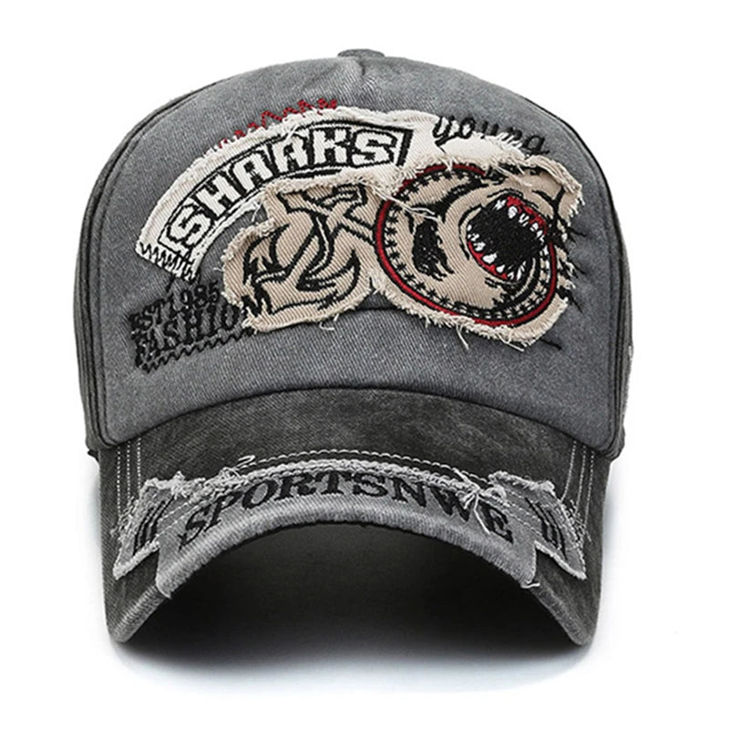 Unisex Washed Cotton Vintage Cap Sharks Embroidery Baseball Cap Men And Women Outdoor Sports Hats