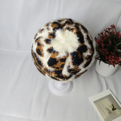 Winter Fur Leopard Print Beanie Hat Women's Outdoor