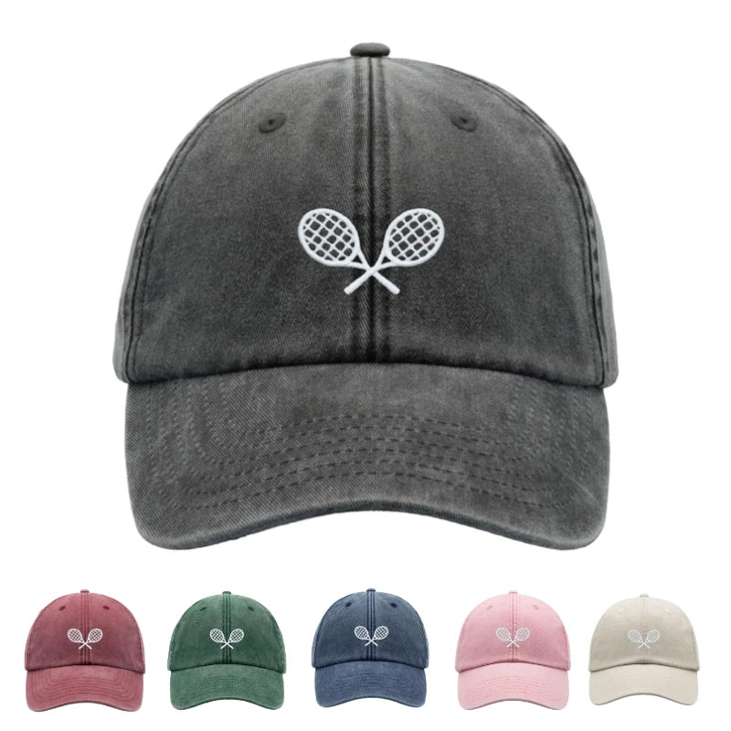 1pc Tennis Racquets Crossed Retro Washed Baseball Caps for Men