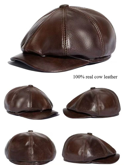 2026 Genuine Cow Leather Classic Brown Newsboy Hats