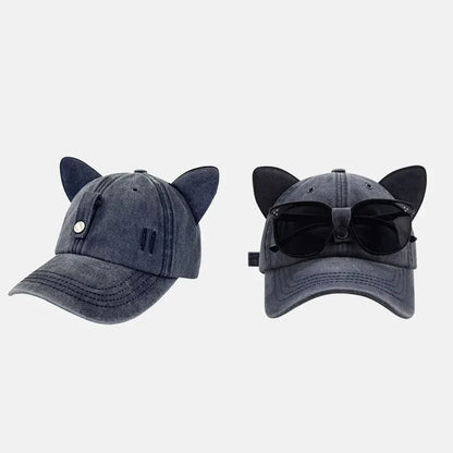 New Cute Cat Ears Pilot Hat With Glasses Baseball Cap