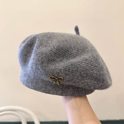 ‌Korean-Style Metal Bow Knitted Beret Women's Autumn/Winter