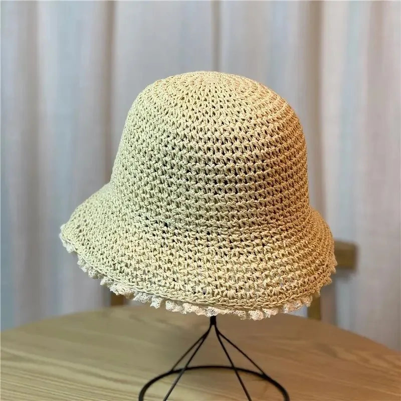 Summer Fashion Lady  Beach Hat Foldable Straw Crochet Bucket Hat