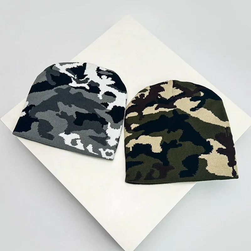 New European Style Camouflage Color Block Knitted Hats