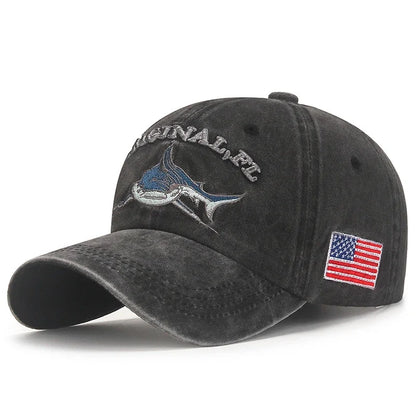 Shark Graphic And American Flag Embroidery Men Women Adjustable Soft Top Baseball Cap