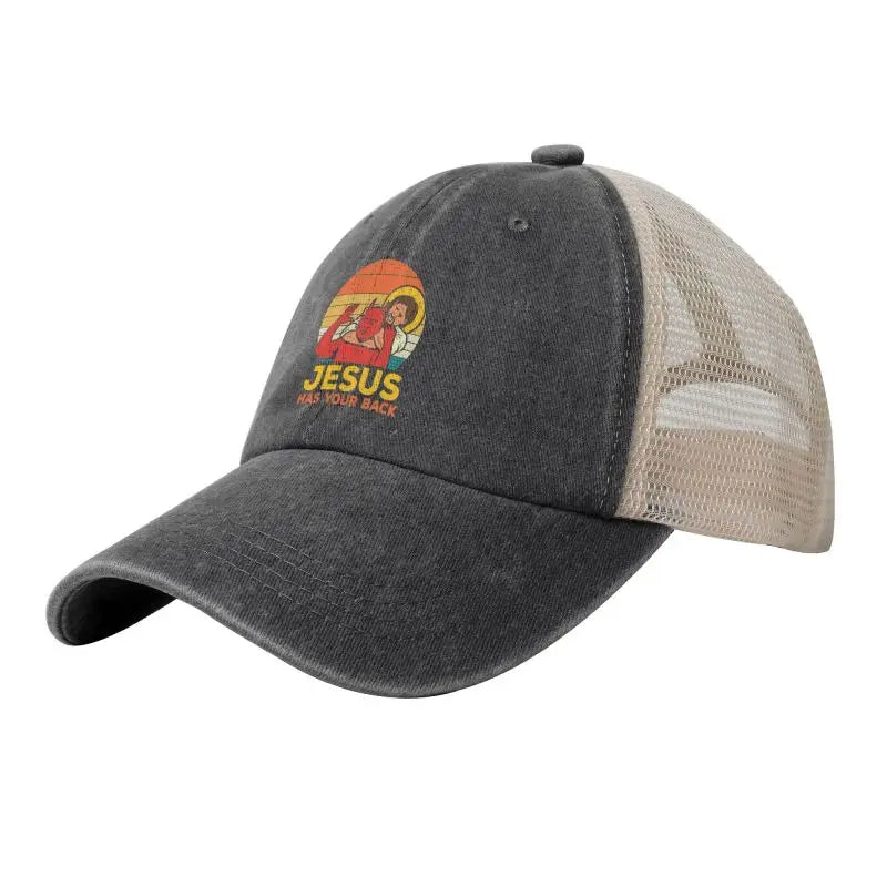 Jesus Has Your Back Jiu Jitsu Retro Christian Print Mesh Baseball Cap