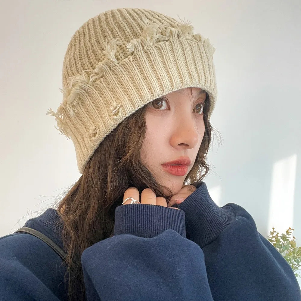 New Dilapidated Hole Knitted Hat Solid Color Ear Protection Warm Cap
