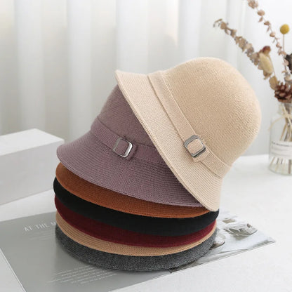 Women Knitted Bucket Hat Autumn Winter Solid Color