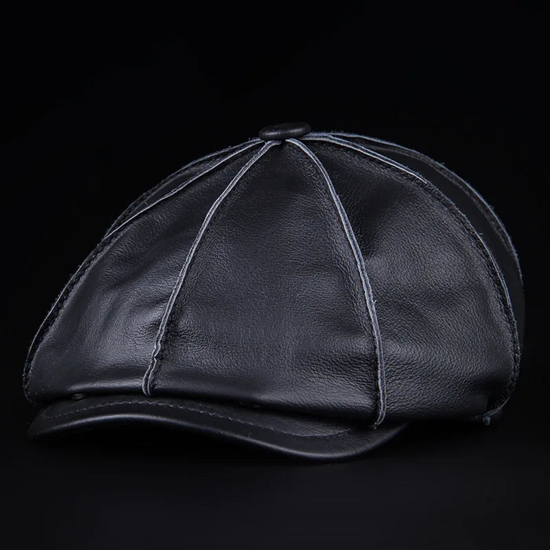 Men's Genuine Leather Warm Octagonal Cap Elegant Adjustable Newsboy Beret
